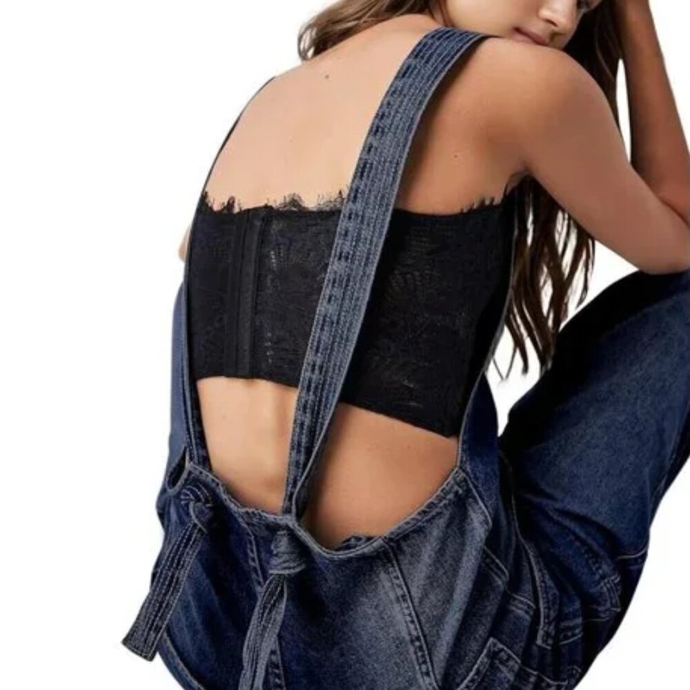 Knotted Strap Dark Wash Open Back Dungarees Overalls